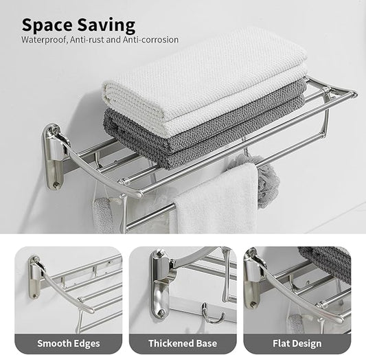 Towel Racks with Foldable Towel Bar Hooks Wall Mounted Brushed Nickel | 24 Inch Bathroom Towel Shelf Holder, Multifunctional Storage Bathroom Accessories, Double Towel Bars, Rust-resistant Metal