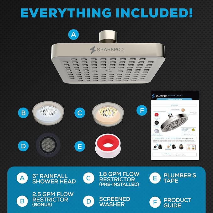 SparkPod Rain Shower Head, 6 Inch Square, Elegant Brushed Nickel Finish | High Pressure Shower Heads, 90 Nozzles, Adjustable Showerhead, No Tools Needed, Universal Connection