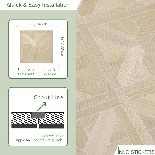 12-Pack Peel and Stick Floor Tile, 12" x 12" Pinwheel SPC Self-Adhesive Luxury Vinyl Flooring, Wood-Look Groutable Backsplash Tile for Kitchen Bathroom, Natural Oak, Covers 12 Sq. Ft.