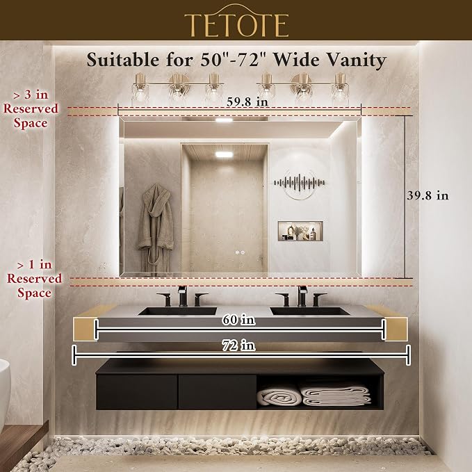 60 x 40 Oversized Backlit Mirror Bathroom, LED Vanity Mirror with Beveled Edge, Safe Tempered Glass, 3 Color Temperature, Anti-Fog, Dimmable, Memory Function, Wall-Mounted Vanity Mirrors