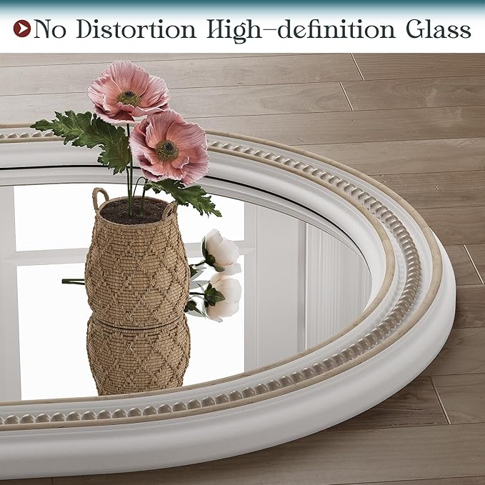Farmhouse Boho Beaded Oval Arched Wall Mirror, 24" x 48" Rustic Wooden Large Wall Mirror for Bathroom, Bedroom, Entryway, Living Room, Hang Horizontally or Vertically.