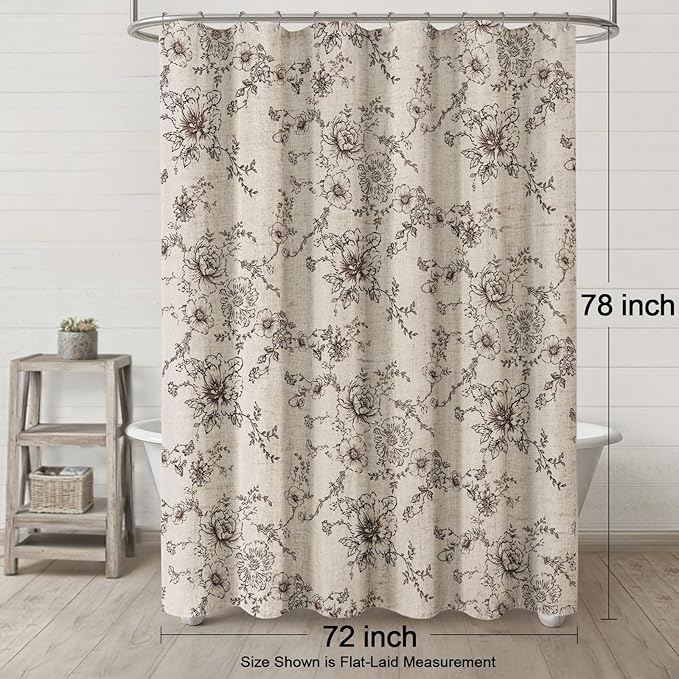 Farmhouse Floral Linen Shower Curtain, Vintage Brown Pattern Rustic Shower Curtains for Bathroom, Tan Taupe,72x78