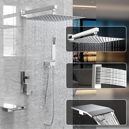 Chrome Shower System Rain Faucet Set with Tub Spout, 10 inch | All-Metal Wall Mounted Bathroom Shower Faucet Set with Safe Pressure Balance Valve, Water Saving High Pressure Rainfall Head