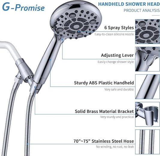 G-Promise High Pressure 6 Mode Hand Held Shower Head with Extra Long Hose | High Pressure, 6 Spray Mode, Easy Install, Adjustable Angle, Extra Long Hose, Modern Upgrade