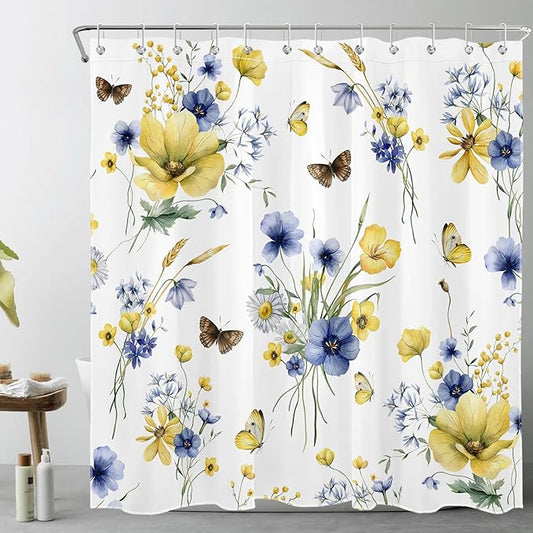 HVEST Farmhouse Floral Shower Curtain and Bathroom Rugs, Blue and Yellow Flower and Butterfly on White Shower Curtain with Bath Mat, 70X70 inches Rustic Wildflower Shower Curtain Set