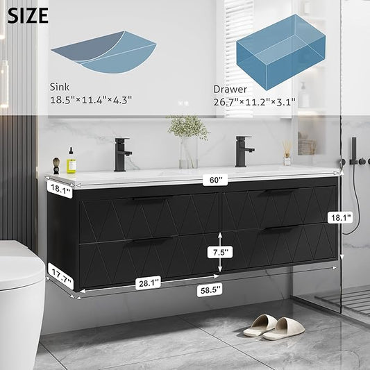 eclife 60" Bathroom Vanities Cabinet with Sink Combo, Wall Mounted Floating Cabinet W/Decor Line, Soft-Close System, 4 Extra Big Drawers, Matte Black Faucet, Black
