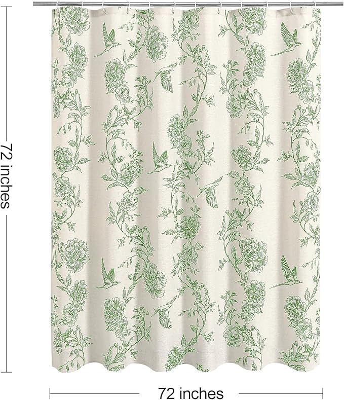 MitoVilla Green Cotton Boho Hummingbird Shower Curtains, 72 x 72 | Green Cottagecore Spring Shower Curtain for Bathroom, Modern Farmhouse French Country Bathroom Décor, 72x 72