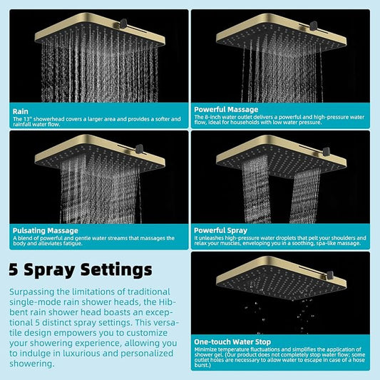 Hibbent Rain Shower Head, 13'' High Pressure Rainfall Square 5 Spray Mode Showerhead with 16" Shower Head Extension Arm, Solid Brass Adjustable Shower Arm Extender, Brushed Gold