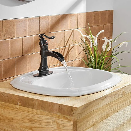 BWE Bathroom Sink Faucet Oil Rubbed Bronze Waterfall Bathroom Faucets for Sink 1 Hole Single with Pop Up Drain Assembly and Supply Hose Single Handle Farmhouse Vanity Bath Faucet