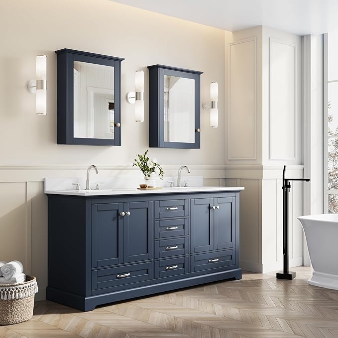 WELLFOR 72 Inch Bathroom Vanity with Double Sinks, Solid Wood Bathroom Vanity W/4 Soft-Close Doors and 6 Drawers, Cultured Marble Countertop Bathroom Vanities W/Two Sinks, (Navy Blue)