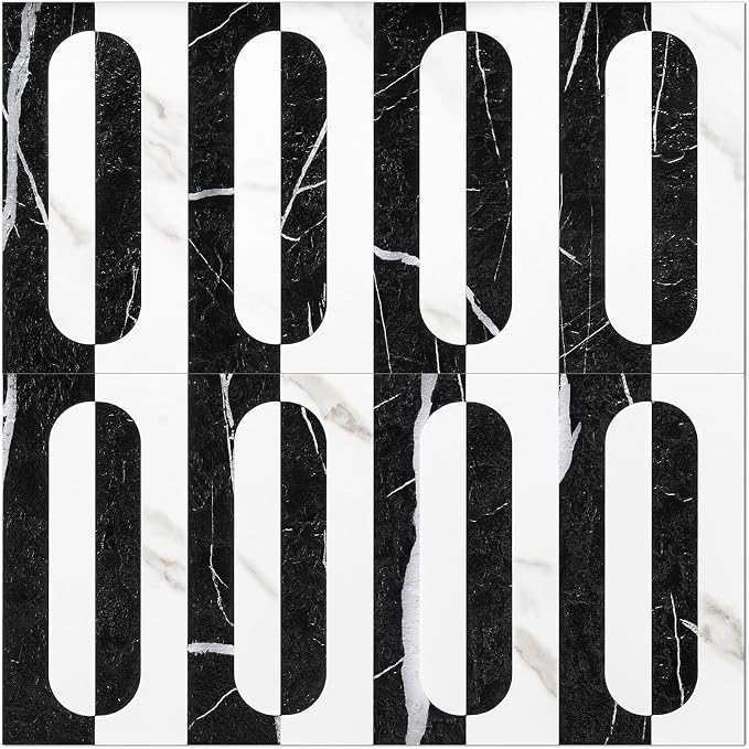 STICKGOO Peel and Stick Backsplash Tiles 12"x12", Waterproof Stick on Kitchen & Bathroom Backsplash, PVC Self Adhesive Wall Tiles for Fireplace, White/Marble Black (10 Sheets)