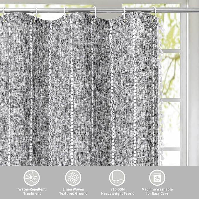 Boho Tassel Linen Shower Curtain,3D Embroidery Stripe Charcoal Grey,36x72 | Small Stall Half Size,310GSM Linen Texture Heavy Duty Cloth,Water Repellent,Wrinkle Resistant,Vintage Farmhouse Rustic
