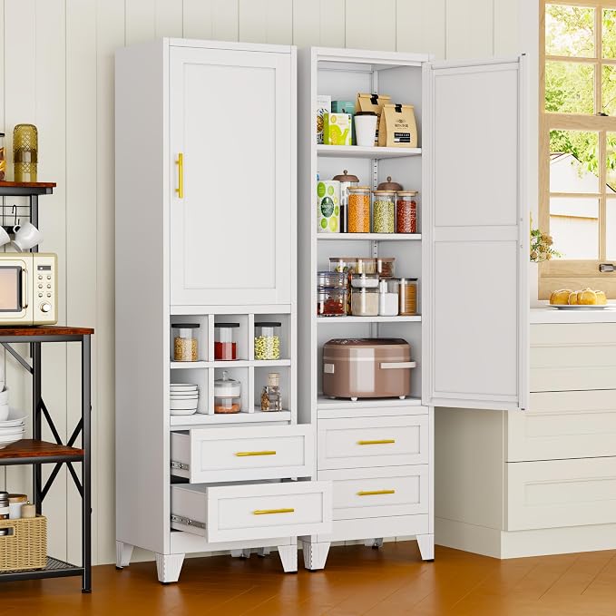 Tall Metal Narrow Storage Cabinet 67" H with 2 Drawer,White Kitchen Pantry Cabinets with 2 Adjustable Shelves and Door,Cuby Storage Orgainzer,Tall Bathroom Cabinet for Kitchen, Home Office,Dining Room