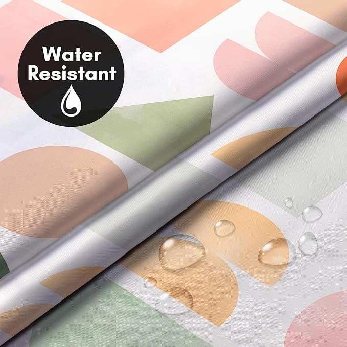 Americanflat 72x75 Hookless Shower Curtain - Water-Resistant Geometric Pastel Shower Curtain with Sheer Panel, Snap-in Liner, and Grommets - 100% Polyester - Peach, Green, Pink, Yellow & White