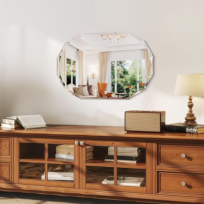 GLASHOM Frameless Bathroom Mirror, 16" x 24" Beveled Oval Wall Mirror for Over Sink, 16 Inch Modern Decorative Vanity Mirror for Bedroom, Living Room, Entryway, Hanging Mirror Horizontal or Vertical
