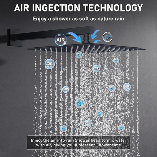 Iriber Shower Set with 12 Inch High Pressure Rain Shower Head and Handheld and Shower Faucet Mixer Valve Modern Shower System Including Pressure Balance Valve Shower Trim Kit for Bathroom,Matte Black