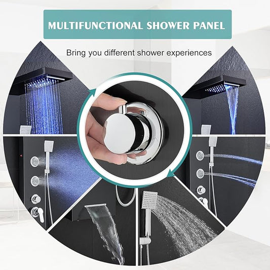 Shower Panel System for Bathroom - 6 in 1 Shower Tower with Led | Rainfall Shower Head with 2 Modes Powerful Body Jets, Handheld Shower and Tub Spout, Brass Valves, Black