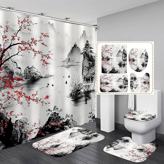 4-Piece Cherry Blossoms Shower Curtain Set Mountain Bathroom Set with Shower Curtain and Rugs, Japanese Style Bath Curtain with Hooks for Home Decor