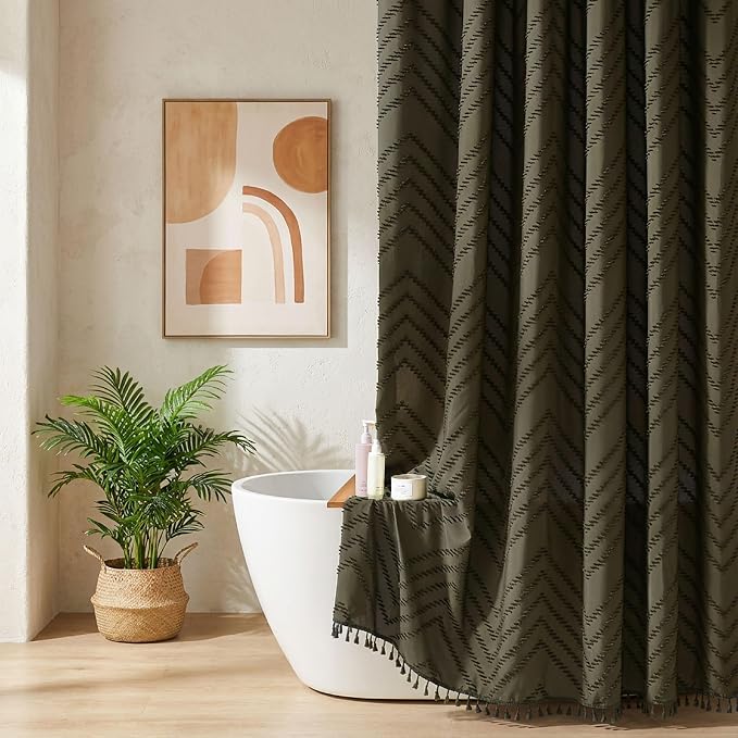 Siiluminisoy Extra Long Olive Green Boho Shower Curtain with Tassel, Woven Fabric 90 in Shower Curtain, Tufted Chevron Striped, 72 x 90, Modern Chic Textured Minimalist Bathroom Shower
