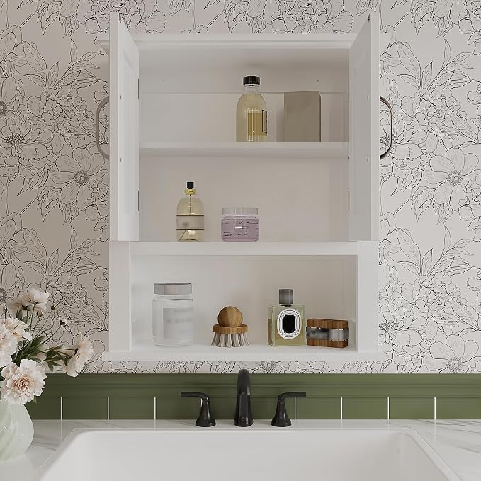 ChooChoo Wood Bathroom Wall Cabinet with Door, White Medicine Cabinet | Rustic Over The Toilet Storage Cabinet, Adjustable Shelf, Open & Concealed Storage, 7.5 x 21.6 x 24 Inches