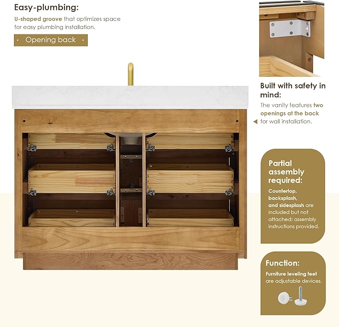 ALTAIR 48 Inch Bathroom Vanity with Sink Single Vanities Brown Pedestal Large Storge Cabinet with Backsplash Sidesplash Ceramic Countertop Mordern Pre-Assembled Bath Fixtures