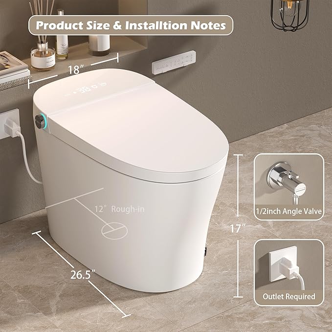 WinZo Smart Toilet with Bidet Built in, ADA One-Piece Toilet Auto Open/Close & Flush, Heated Seat, Front & Rear Wash, LED Display, Night Light, 12-inch Rough-in (White)