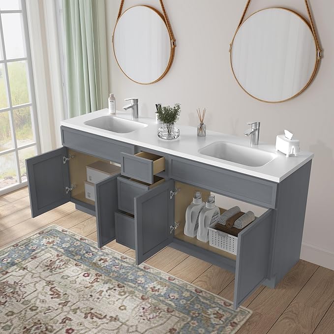 HomeBeyond 78 Inches Bathroom Vanity Base Cabinet Without Sink, Double Sink Top Sturdy Floor Mounted Cabinet with Door & Soft Closing Drawers, Sliver, VA4133-2+VA4112-3