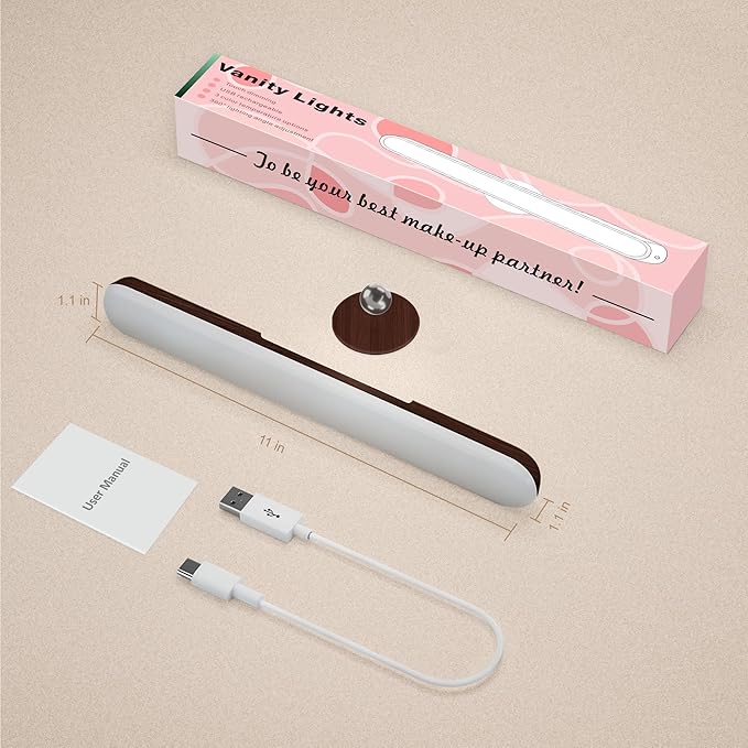 Benreom Rechargeable Vanity Light for Mirror, Dark Wood | 4000mAh Battery, Touch Dimming, 3 Color Modes and 360° Adjustable Magnetic Design for Makeup Mirrors and Bathrooms
