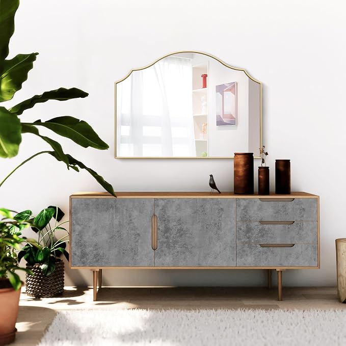Besdomus Gold Scalloped Dresser Mirror: 35"x26" Wooden Bathroom Mirror | Modern Minimalist Decorative Arched Wall Mirror for Vanity/Mantel/Bedroom/Entryway/Fireplace/Nightstand/Dining Room/Over Sink