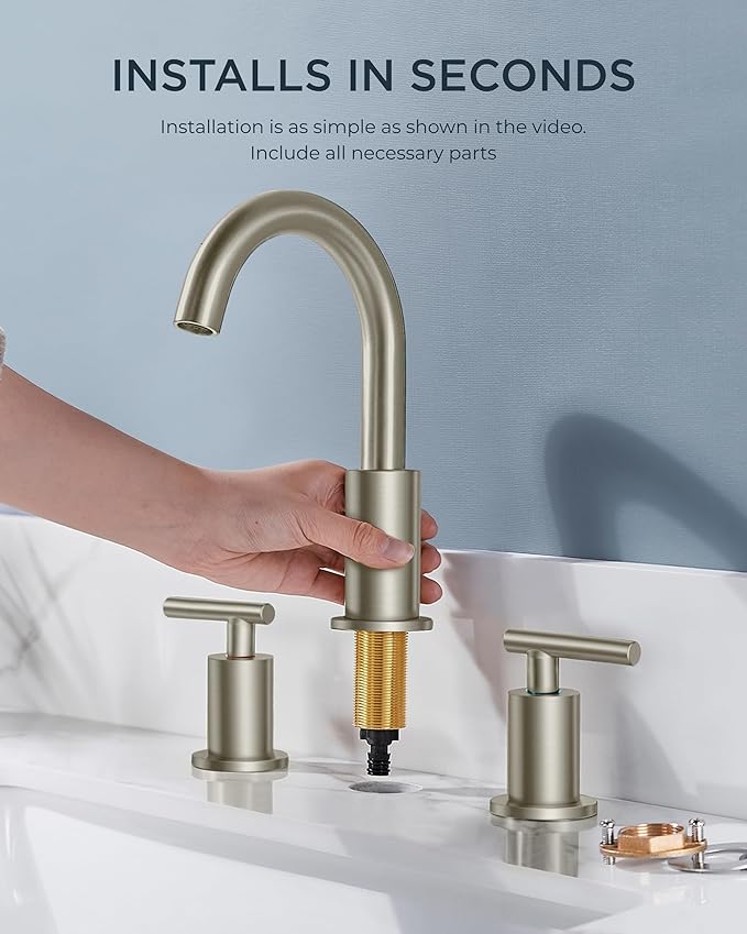 FORIOUS Brushed Nickel Bathroom Faucet 3 Hole Vanity with Metal Pop Up Drain and 24" Supply Lines, 2 Handle 8 Inch Widespread Faucet for Bathroom Sink 3 Hole Brushed Nickel with 360° Swivel Spout