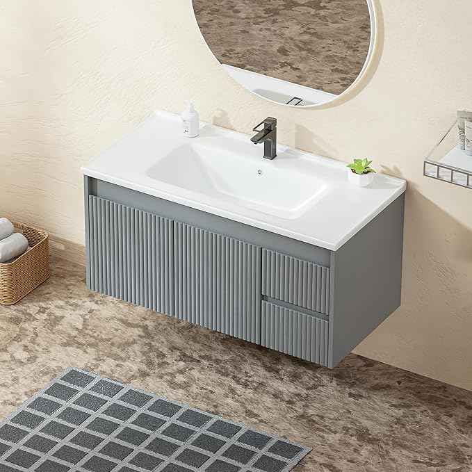 Floating Bathroom Vanity 40 Inch, Wall Mounted Bathroom Vanity with Ceramic Sink and 2 Drawers for Storage, Modern Wave-Carved Design Wooden Sink Cabinet, Grey