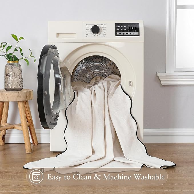 Linen Scallop Shower Curtain with 12 Clear Hooks, Waterproof, 72x84, Cream | Washable Heavy Duty Thick Fabric with Black Border, Neutral Modern Farmhouse Boho Décor