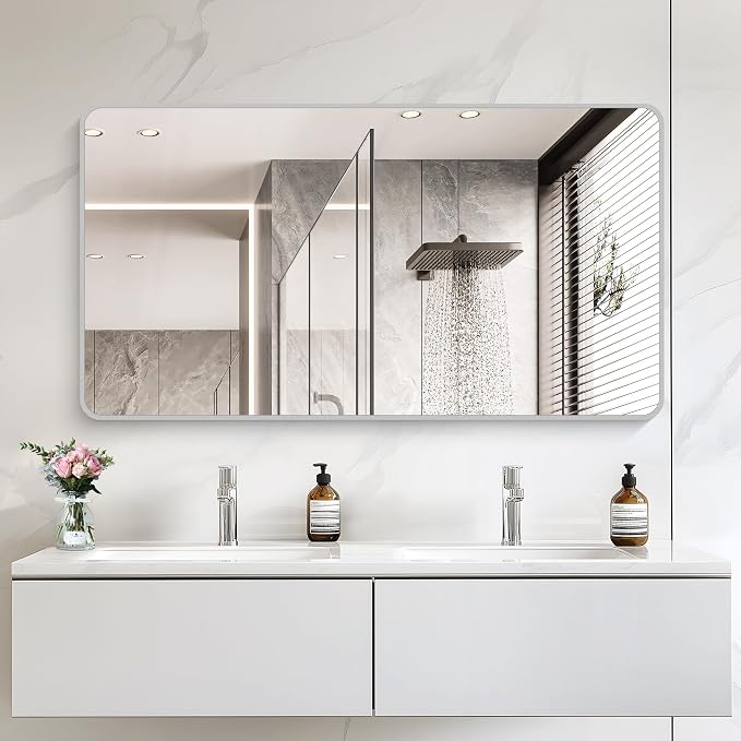 55x30 Inch Silver Bathroom Mirror, Large Rectangular Vanity Mirror, Metal Framed Rectangle Mirrors, Rounded Corner Wall Mounted Mirrors for Living Room Bedroom Entryway Horizontal or Vertical