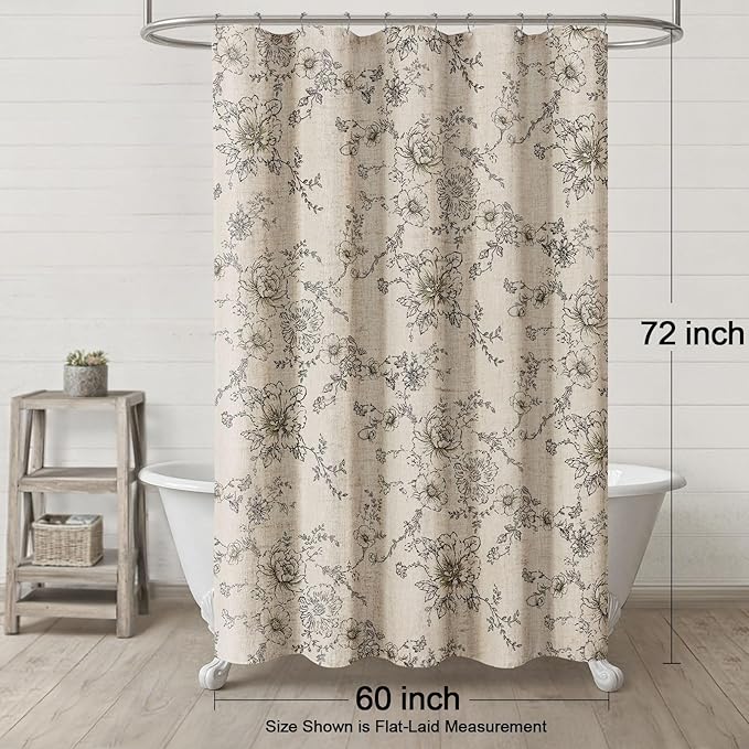 Farmhouse Floral Vintage Shower Curtain for Bathroom, Black and Tan Taupe | 60" W x 72" L, Elegant Boho Pattern Bath Curtain,Linen Fabric