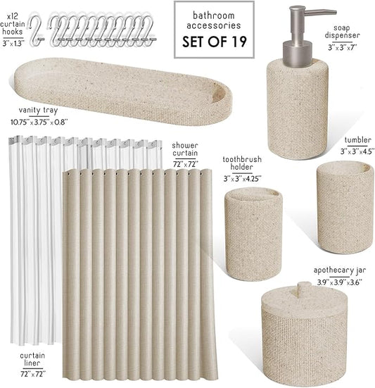 Clara Clark Bathroom Set - Beige Bathroom Accessories Set, 19PC Bathroom Accessory Set, Bathroom Sets with Shower Curtain Set, Soap Dispenser & Toothbrush Holder