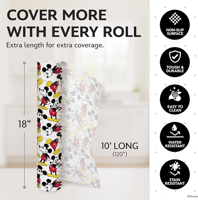 Disney Mickey Non-Adhesive Shelf Liner, 18" x10', Non-Slip | Water and stain resistant, repositions without damage, cuts to fit, wipes clean, ideal for kitchen, pantry, fridge, or bath