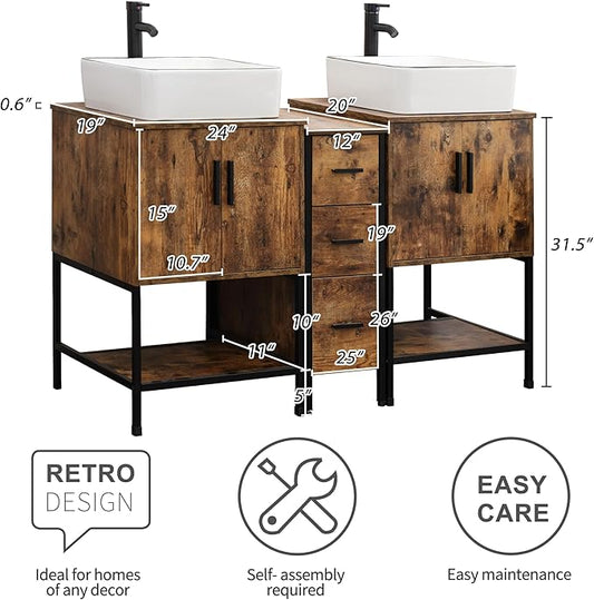 UEV Rustic Brown 60" Double Bathroom Vanity with Sink Combo,Industrial Iron Frame 2 Main Bathroom Vanity with Middle 3 Drawers Cabinet,Modern Artistic Ceramic Vessel Sink(031WH)