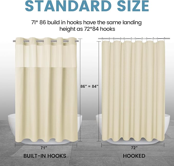 EUTXL Heavyweight No Hook Shower Curtain with Liner, Ivory,71x86 | Snap in Liner, 256GSM Thick Waffle Fabric, Hotel Luxury Spa, Corner Magnets, Quick Dry, Waterproof & Washable, Extra Long