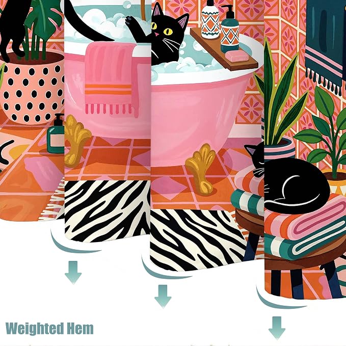 Accnicc Funny Cat Shower Curtain for Bathroom 72 X 78 Inches | Boho Cute Fun Black Cats Long Shower Curtains, Tropical Plant Pink Bathroom Decor, Water-Resistant Washable Polyester Fabric