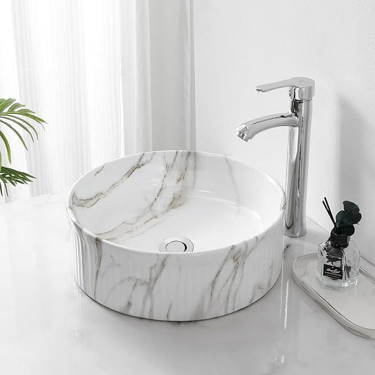 JONATHAN Y SNK1006C 14.75" Round Bathroom Vessel Sink, Modern White Marble Finish Ceramic Above Counter Sink Bowl with Ribbed Exterior, Art Deco Designer Vanity Basin for Powder Rooms