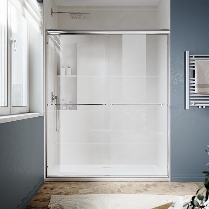 SUNNY SHOWER Double Sliding Glass Door 60" W x 72" H Shower Door 1/4" Tempered Glass Sliding Door Semi-Frameless Shower Glass Enclosure Bypass Walk in Shower Cabin, Chrome Finished