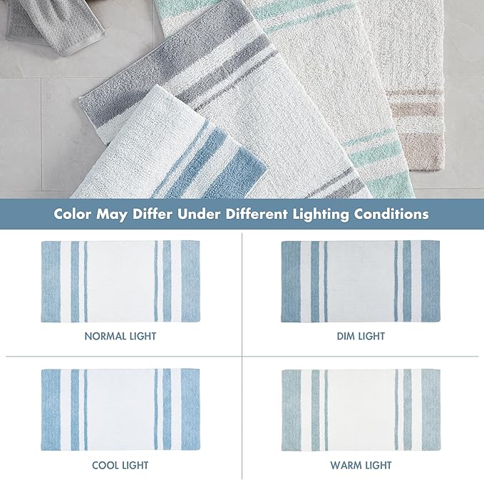 Madison Park Reversible Spa Rug 100%-Cotton Striped Ultra Soft Water Fast Bath Non-Slip Absorbent Quick Dry Mats for Tub, Shower Room, and Bathroom, 27"x45", Blue (MP72-6211) | Quick Dry, Ultra Soft, Pile, Machine Washable, Plush, OEKO-TEX Certified