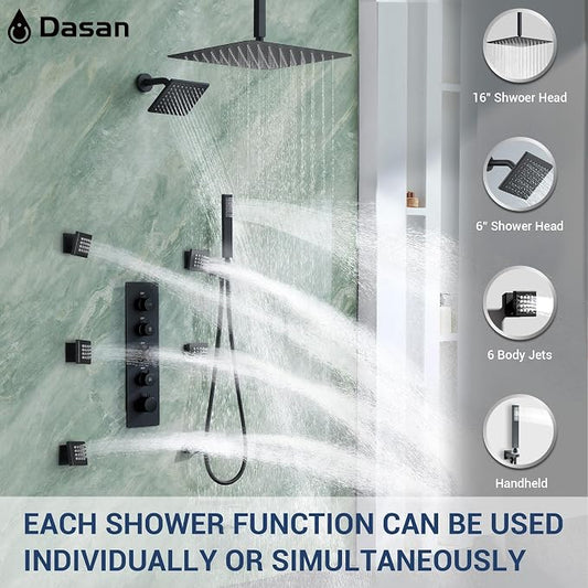 Dasan Thermostatic Dual Shower Head System with 6 Body Jets, 6-Inch Shower Head & 16β Rainfall Shower, Luxury Matte Black Shower Faucet Set Rain Shower Head System for Couples/ 2-Person