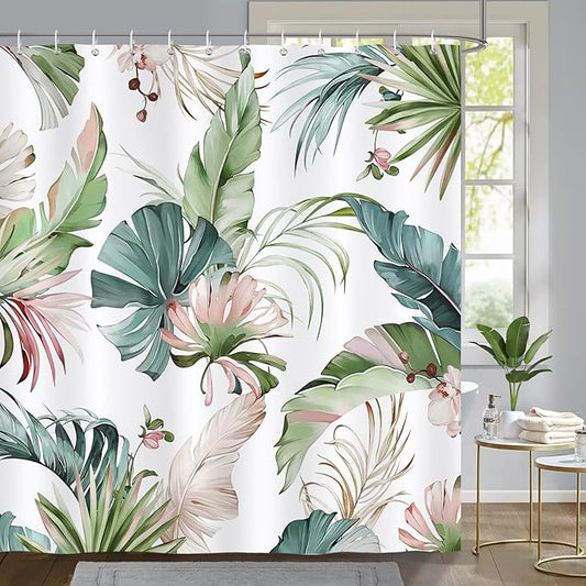 Tropical Leaves Shower Curtain, Pink and Green Palm Leaf Monstera Jungle Plant Shower Curtain for Bathroom Waterproof Polyester Fabric with 12 Hooks, 72 x 72 Inches