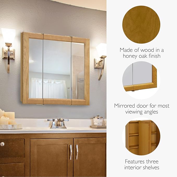 Design House Claremont Tri-View Medicine Cabinet, 30", Honey Oak | Wall Mount, Transitional, Wood, Bath, 545301-HOK