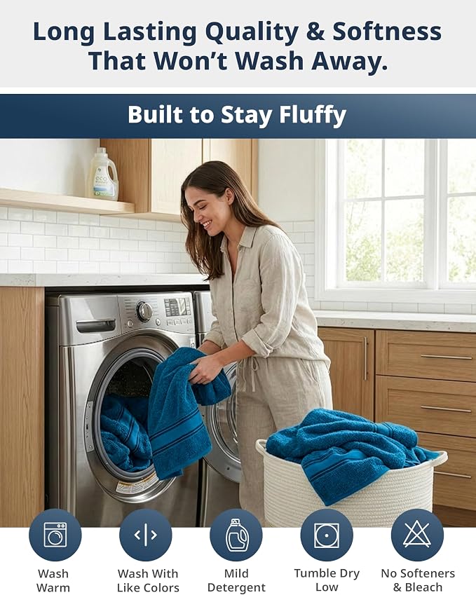 LANE LINEN Towel Set Quick Dry 100% Cotton 4 Piece Soft - Sea Port | Towel Sets For College Dorm - Zero-Twist Durability, Zero-Twist Cotton, Terry Weave Comfort, Long-Lasting Comfort