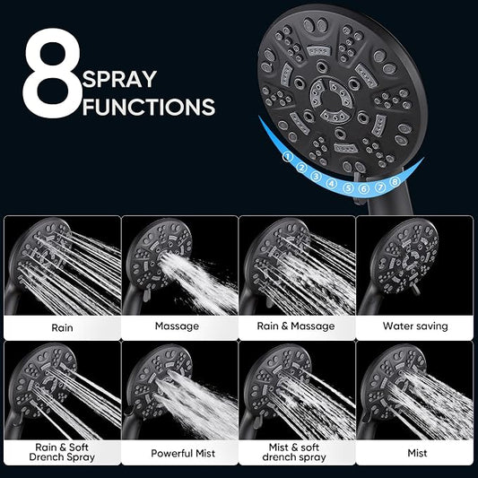 Cobbe 8-Setting Handheld Shower Head, Water-Saving Design, Matte Black | Trickle Pause Mode, 5ft Stainless Steel Hose, Brass Swivel Bracket, Tool-Free Installation