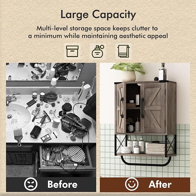 RUSTOWN Farmhouse Medicine Cabinet with 2 Barn Door, Bathroom Wall Cabinet | Rustic Wall Mounted Storage Cabinet with Adjustable Shelf & Towel Rack, 3-Tier Over the Toilet Storage Cabinets for Laundry