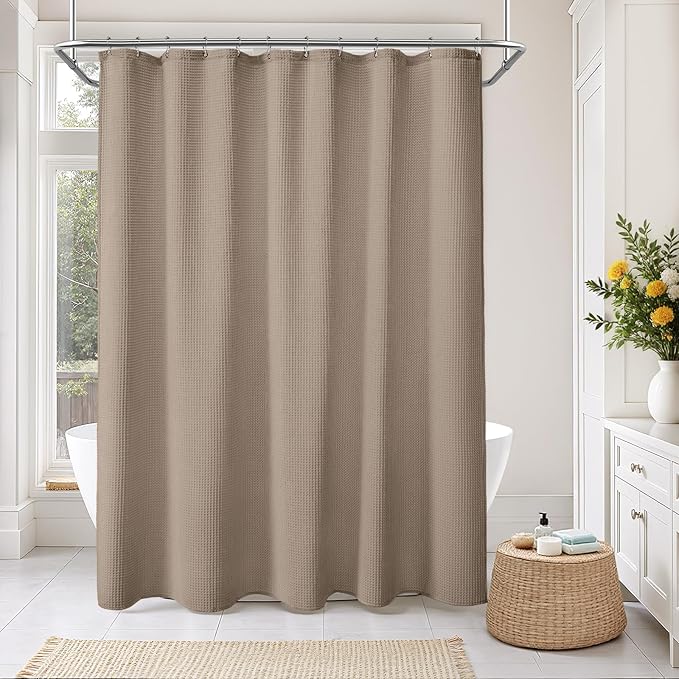 Long Waffle Shower Curtain - Beige Cotton Texture Fabric Heavyweight Shower Curtains for Bathroom,72Wx78L
