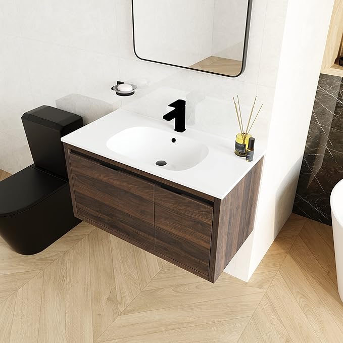 36 Inch Bathroom Vanity with Sink,Wall Mounted Bathroom Vanity Sink Combo w/Soft Close Door&Drawer for Large Space,Modern Floating Bathroom Vanity w/Top Basin&Brown Storage Cabinet